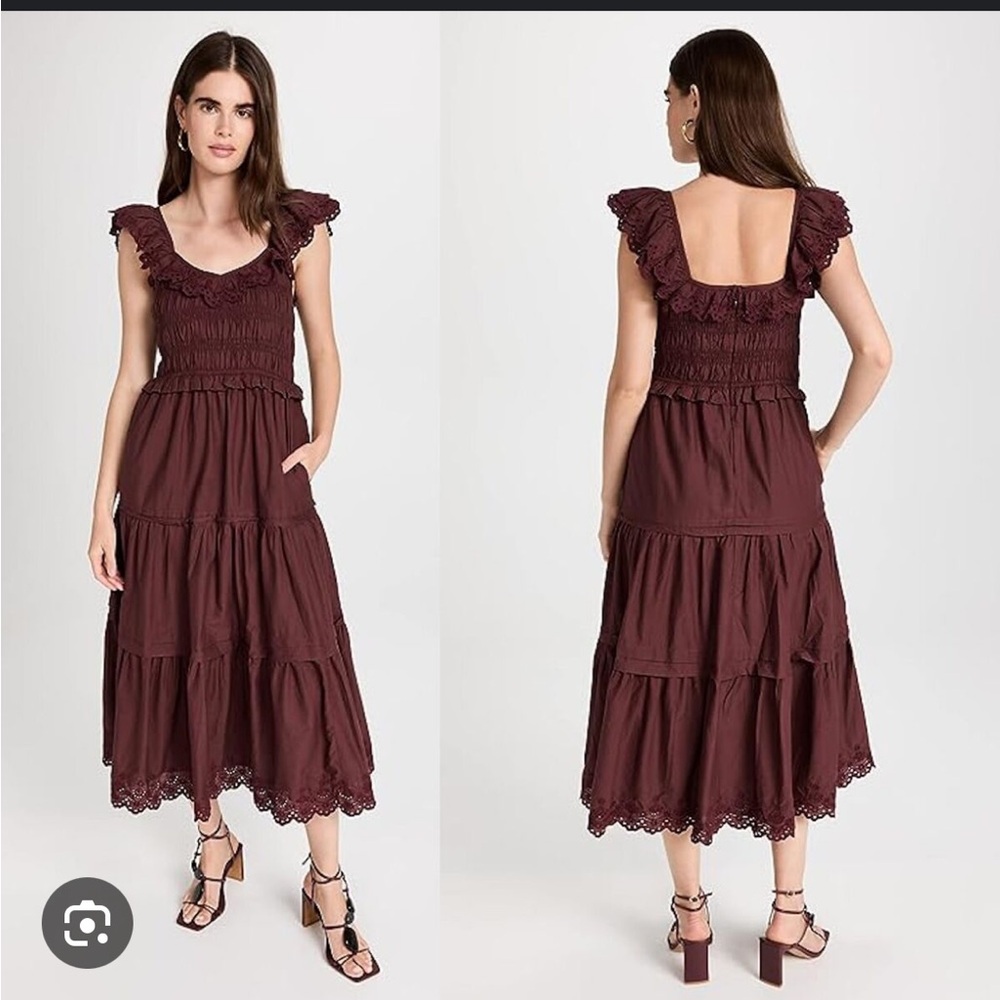 Madewell Burgundy Tiered Midi Dress with Lace Trim